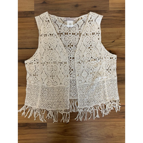 BCBGeneration Jackets & Blazers - BCBG Crochet Lace Fringe Vest Boho Festival Prairie Western Cottagecore Size S-M